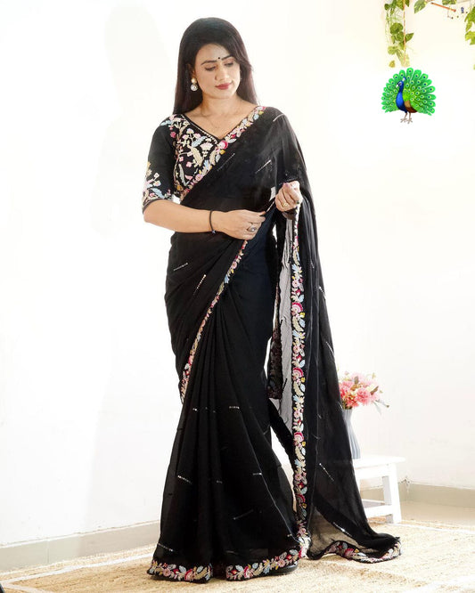 Blooming Black Chiffon With Embroidery Work Saree With Blouse