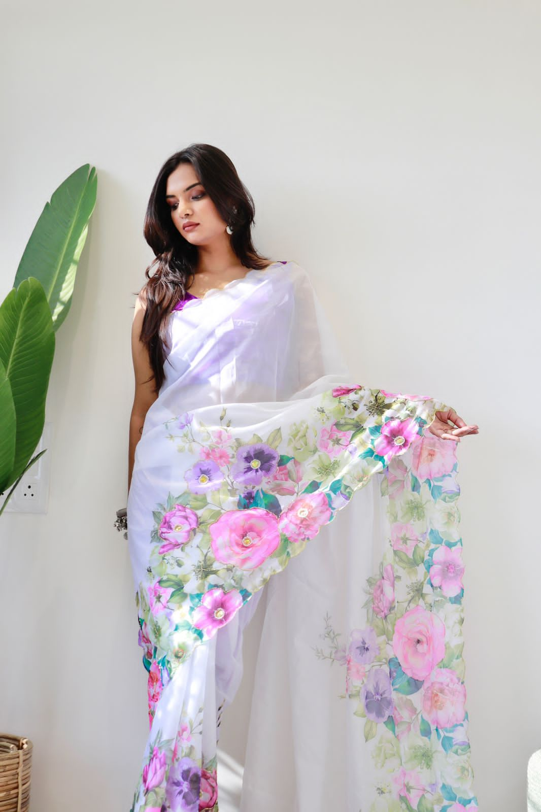 Beautiful White Colour And 3D Flower Design Saree With Blouse