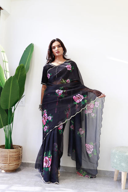 Beautiful Black Colour And 3D Flower Design Saree With Blouse