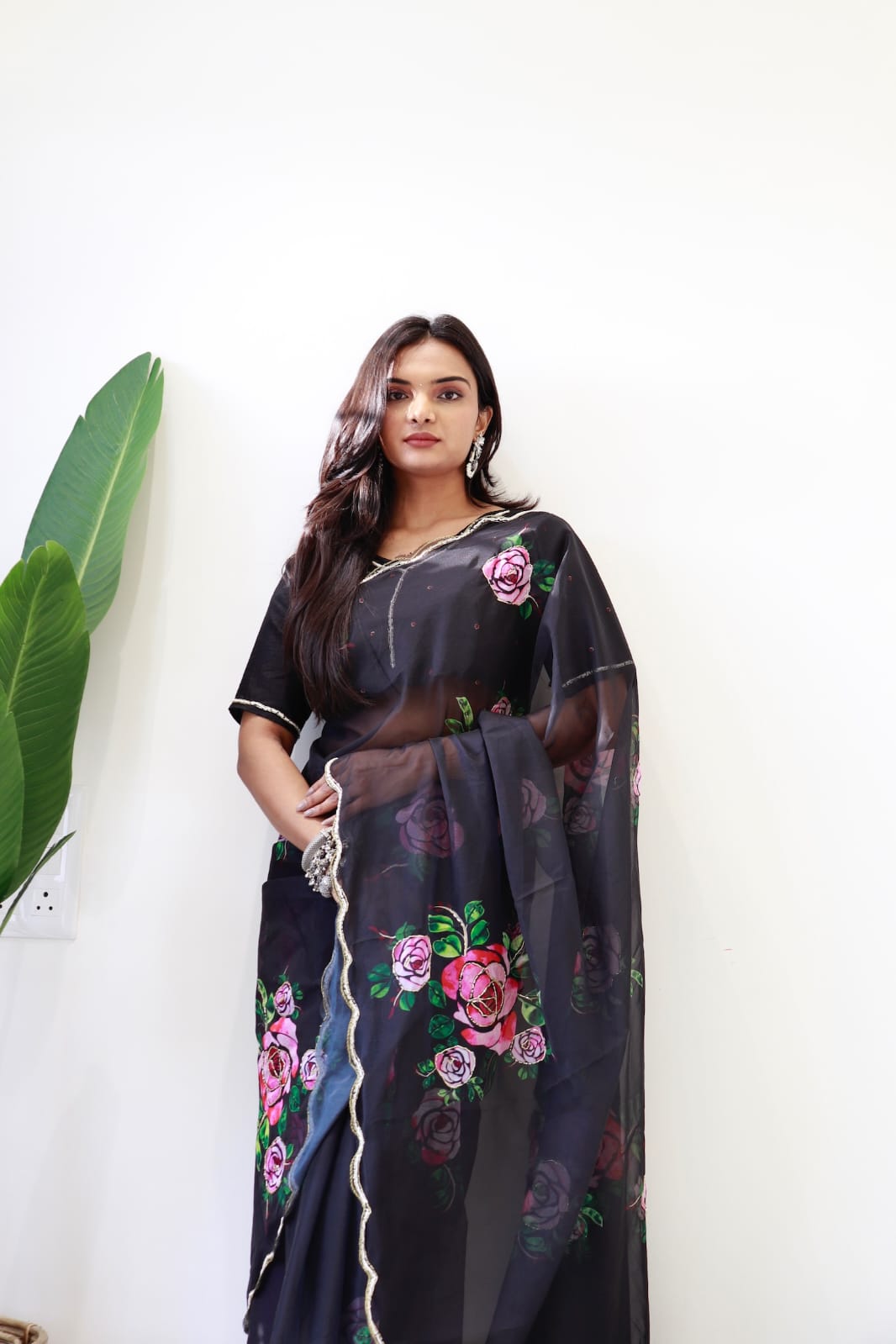 Beautiful Black Colour And 3D Flower Design Saree With Blouse