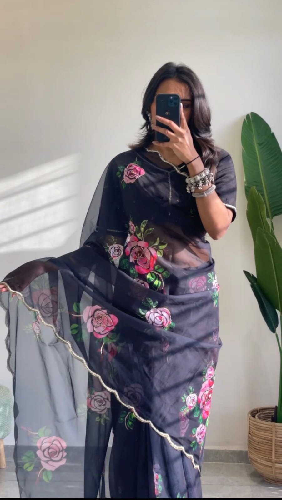 Beautiful Black Colour And 3D Flower Design Saree With Blouse