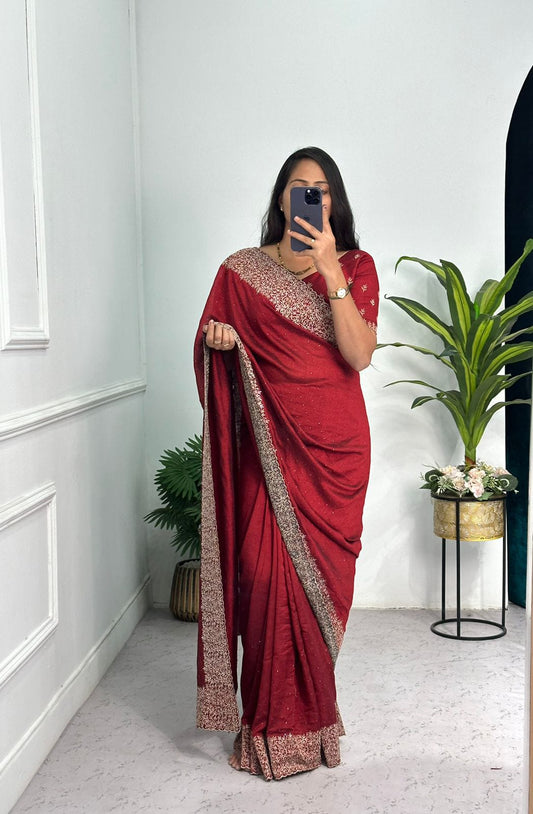 Classic Maroon Colour Heavy Embroidered and Zari Work Saree With Blouse