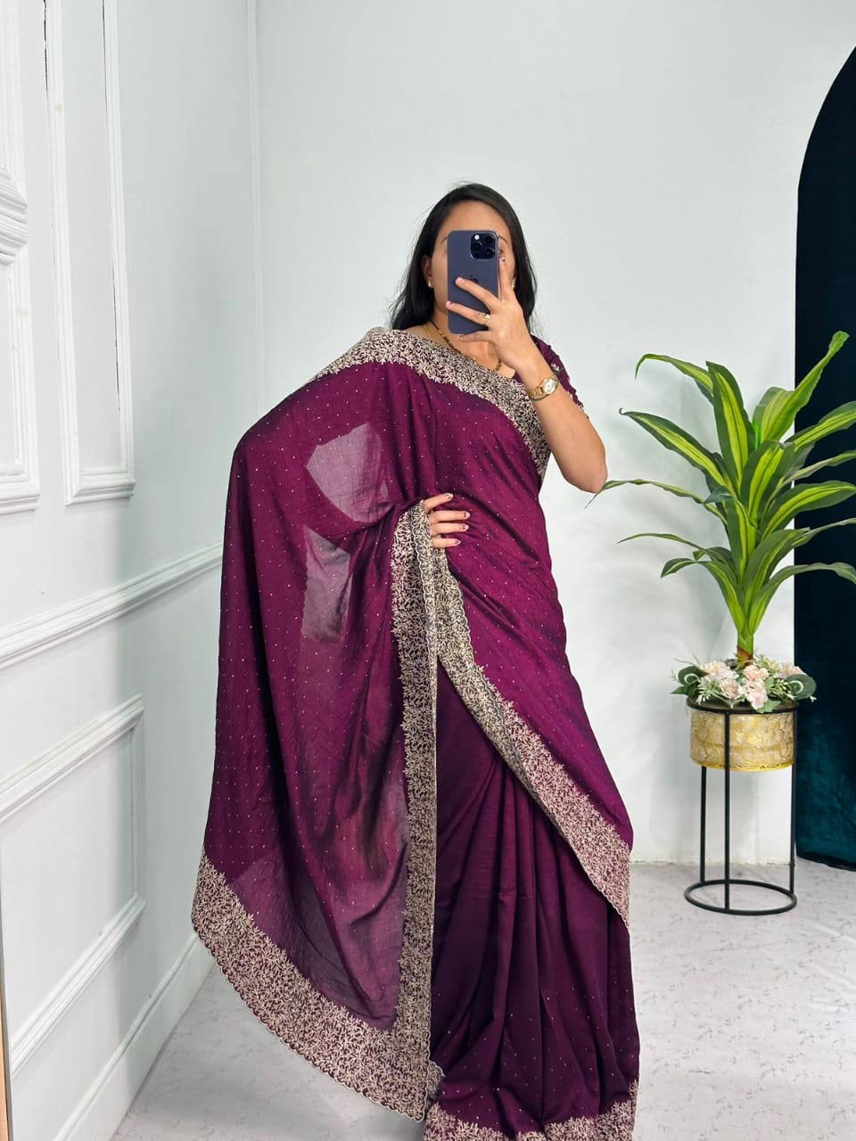 Classic Wine Colour Heavy Embroidered and Zari Work Saree With Blouse