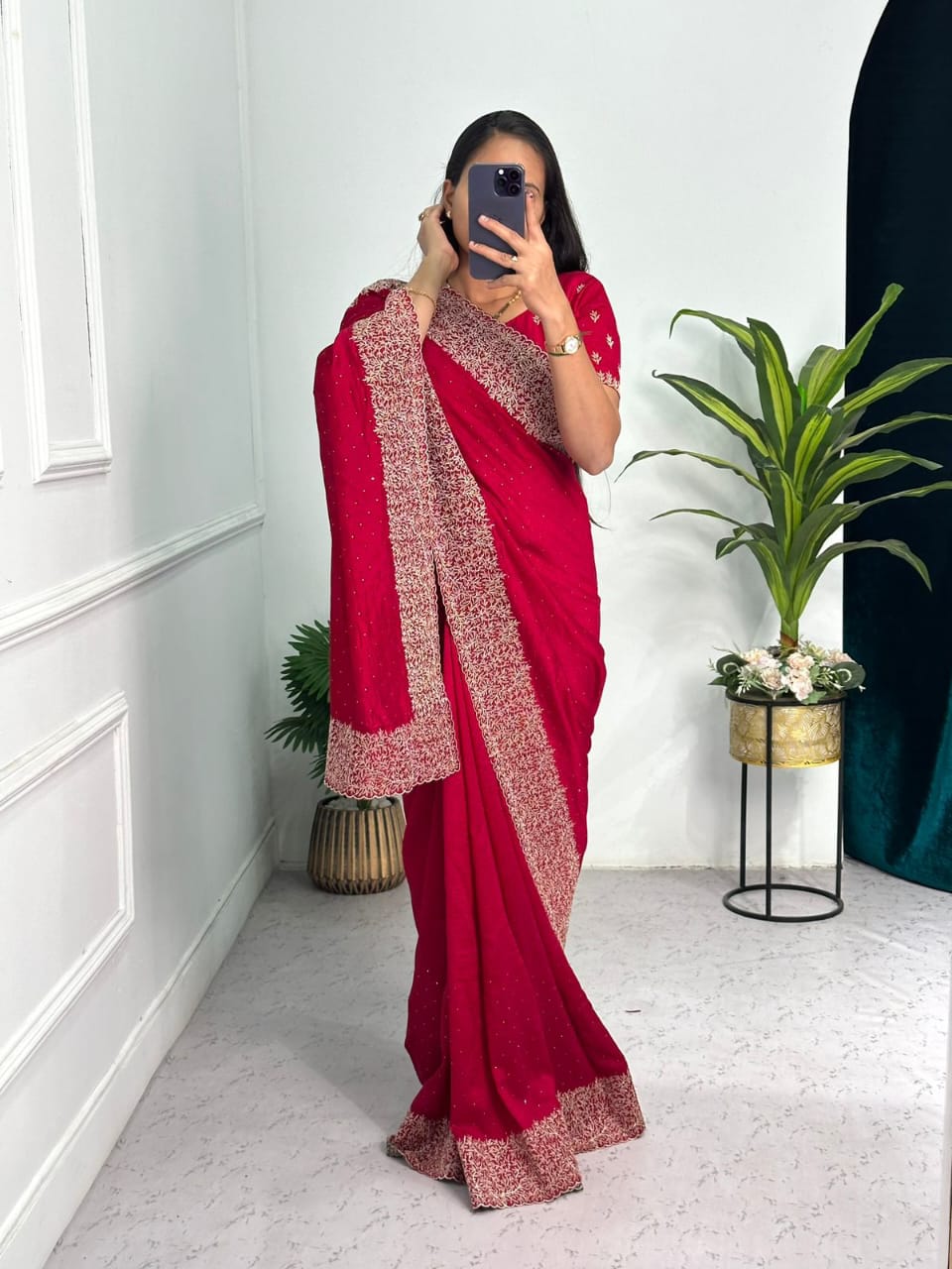 Classic Red Colour Heavy Embroidered and Zari Work Saree With Blouse