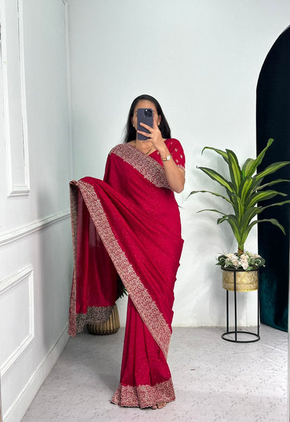 Classic Red Colour Heavy Embroidered and Zari Work Saree With Blouse