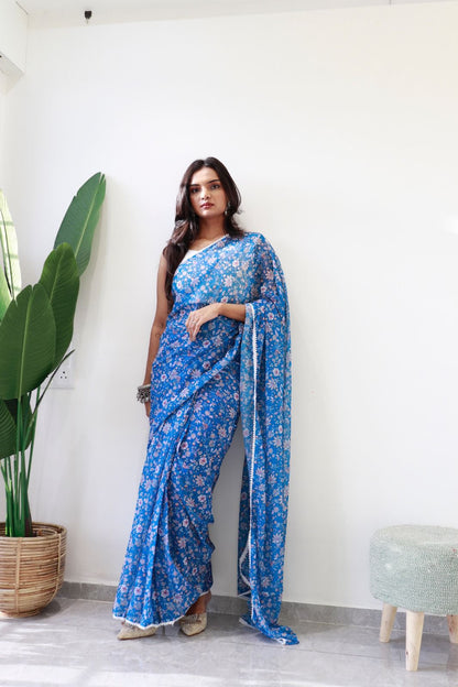 1   Min  Ready To Wear A Blue Floral Design Saree With Blouse Piece