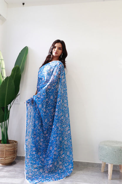 1   Min  Ready To Wear A Blue Floral Design Saree With Blouse Piece