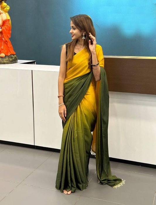 1  Min   Ready To Wear A Yellow Green Hedge Georgette Silk Saree With Blouse Piece