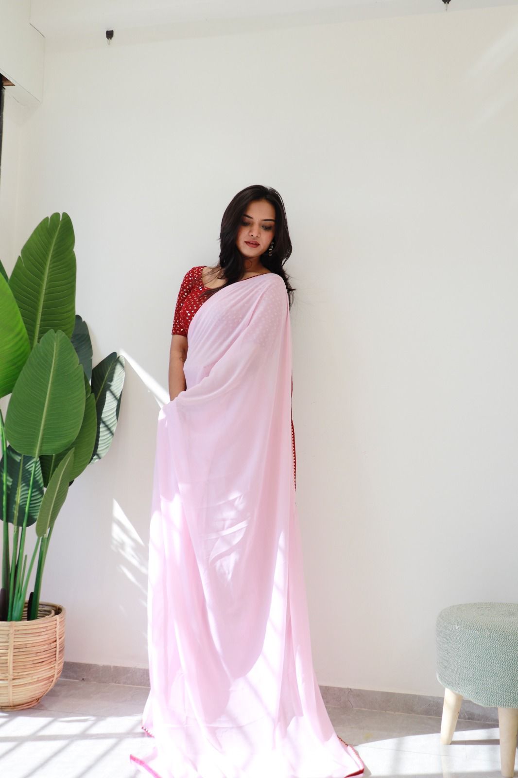 1   Min Ready To Wear A Baby Pink Georgette Silk Saree With Blouse Piece