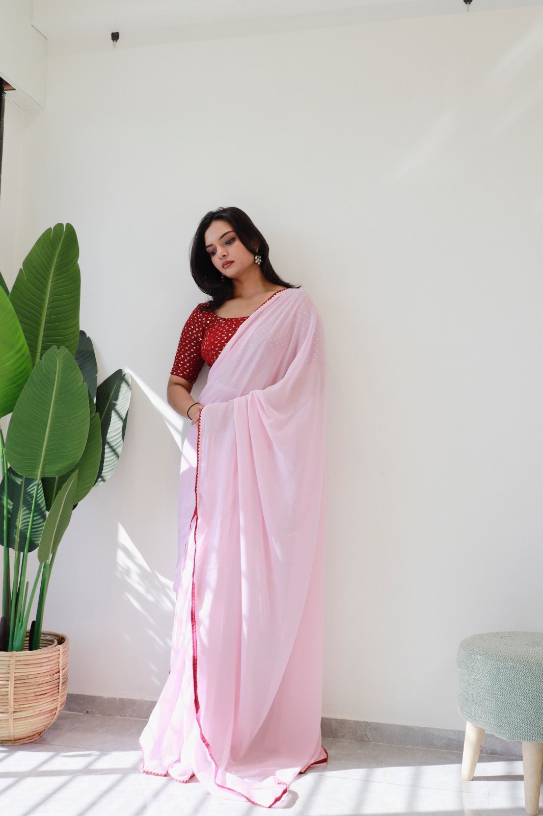 1   Min Ready To Wear A Baby Pink Georgette Silk Saree With Blouse Piece