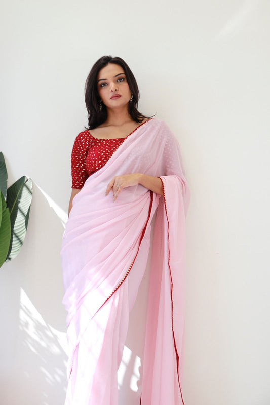 1   Min Ready To Wear A Baby Pink Georgette Silk Saree With Blouse Piece