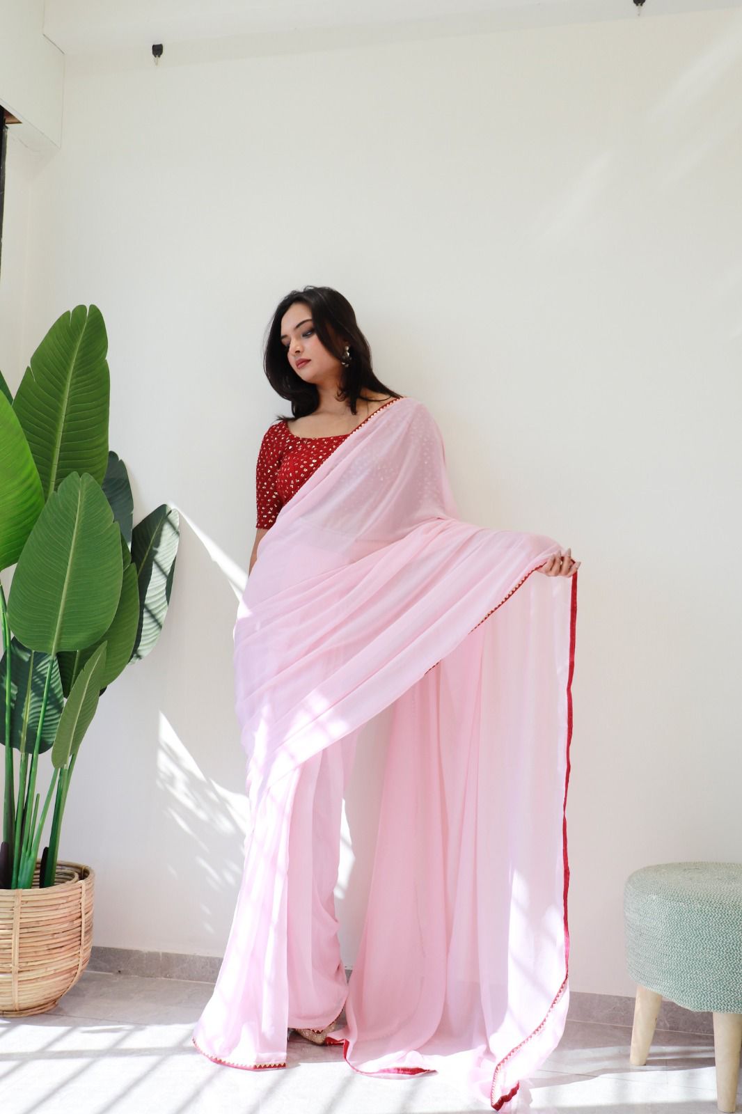 1   Min Ready To Wear A Baby Pink Georgette Silk Saree With Blouse Piece