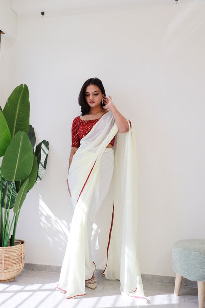 1   Min Ready To Wear A White Georgette Silk Saree With Blouse Piece