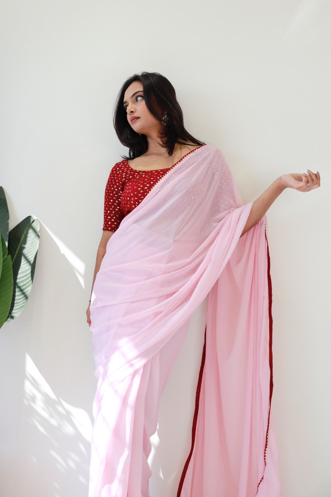 1   Min Ready To Wear A Baby Pink Georgette Silk Saree With Blouse Piece