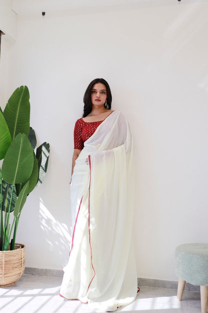 1   Min Ready To Wear A White Georgette Silk Saree With Blouse Piece