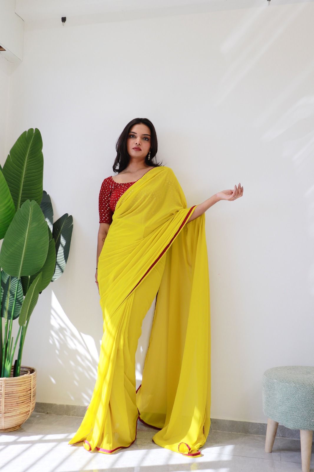 1   Min Ready To Wear A Yellow Georgette Silk Saree With Blouse Piece