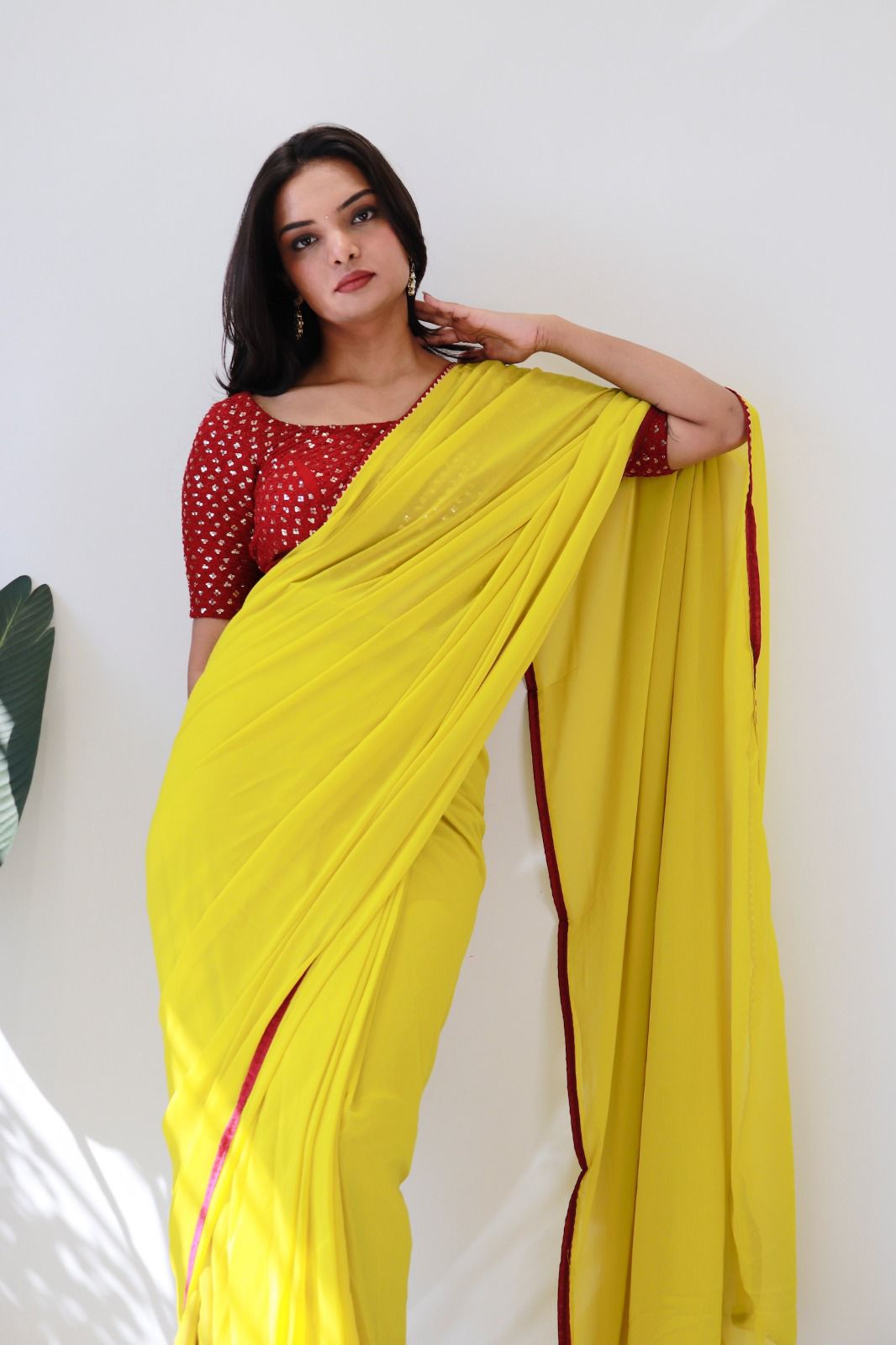 1   Min Ready To Wear A Yellow Georgette Silk Saree With Blouse Piece