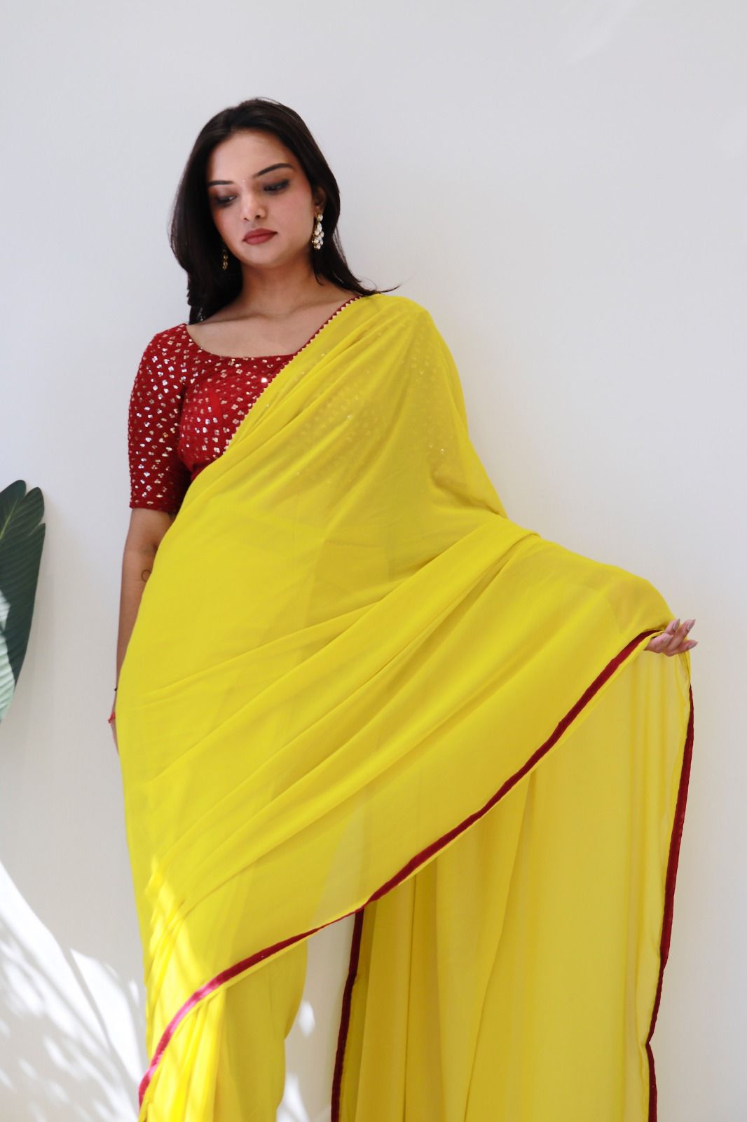 1   Min Ready To Wear A Yellow Georgette Silk Saree With Blouse Piece