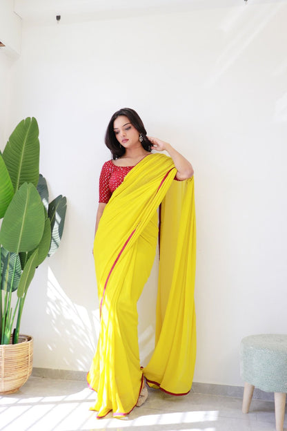 1   Min Ready To Wear A Yellow Georgette Silk Saree With Blouse Piece