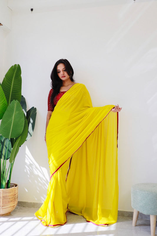 1   Min Ready To Wear A Yellow Georgette Silk Saree With Blouse Piece