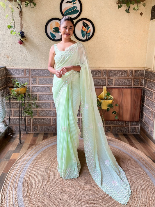 Atractive Pista Colour Seqwance Work And Crush Pattern Saree With Blouse Piece