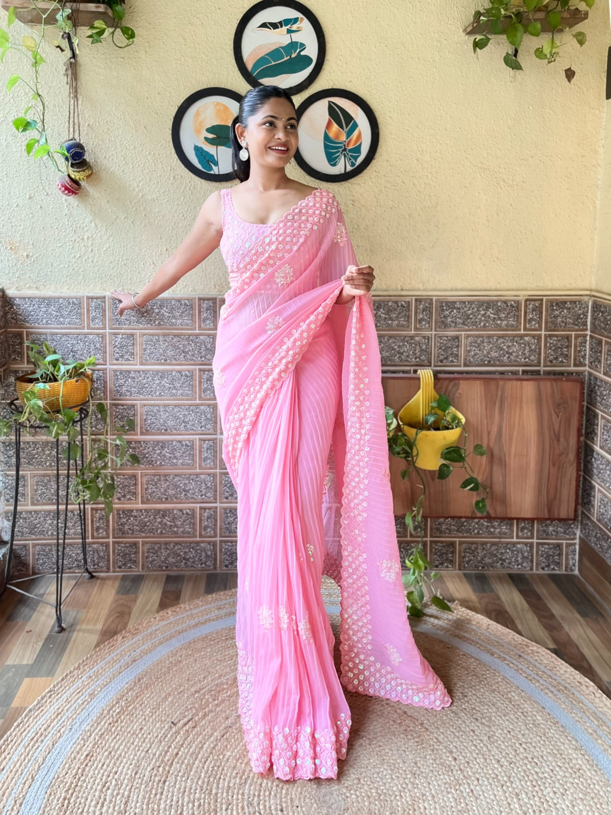 Atractive Pink Colour Seqwance Work And Crush Pattern Saree With Blouse Piece