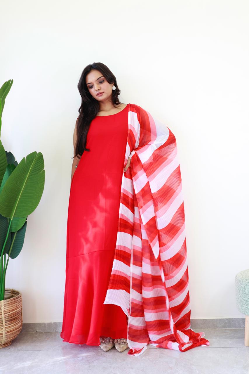 1   Min  Pre Draped Saree Gown Crush With Red Colour