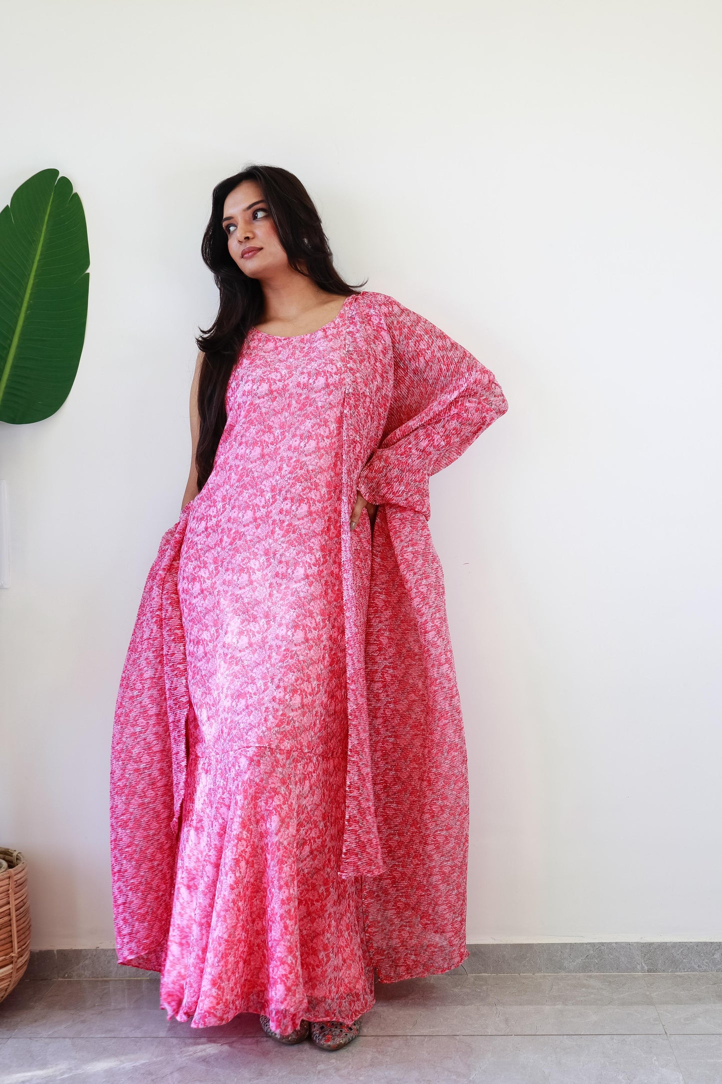 1   Min  Pre Draped Saree Gown Crush With Baby Pink Colour