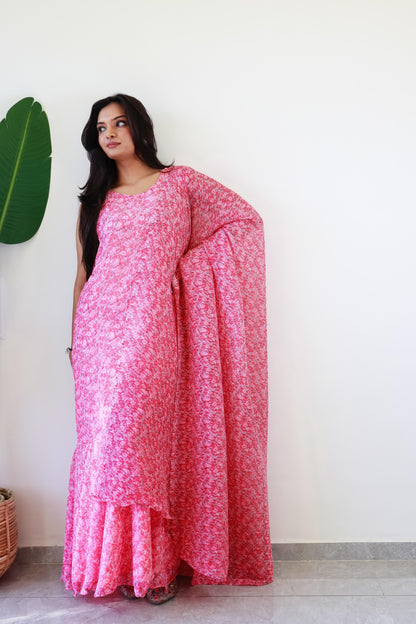 1   Min  Pre Draped Saree Gown Crush With Baby Pink Colour