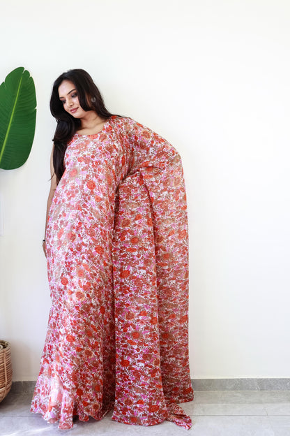 1   Min  Pre Draped Saree Gown Crush With Red Flower Colour