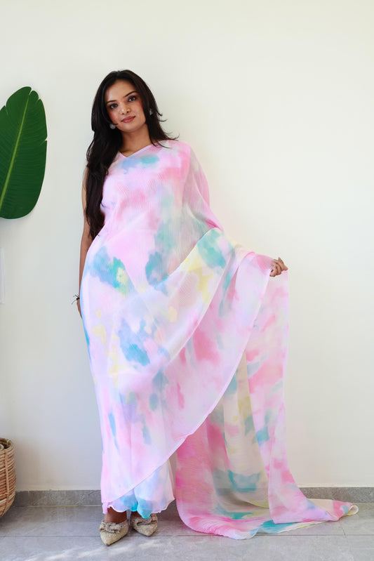 1   Min  Pre Draped Saree Gown Crush With Multi Colour