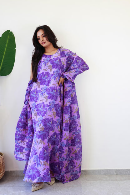 1   Min  Pre Draped Saree Gown Crush With Purple Flower Colour