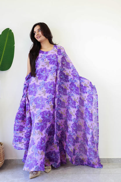 1   Min  Pre Draped Saree Gown Crush With Purple Flower Colour