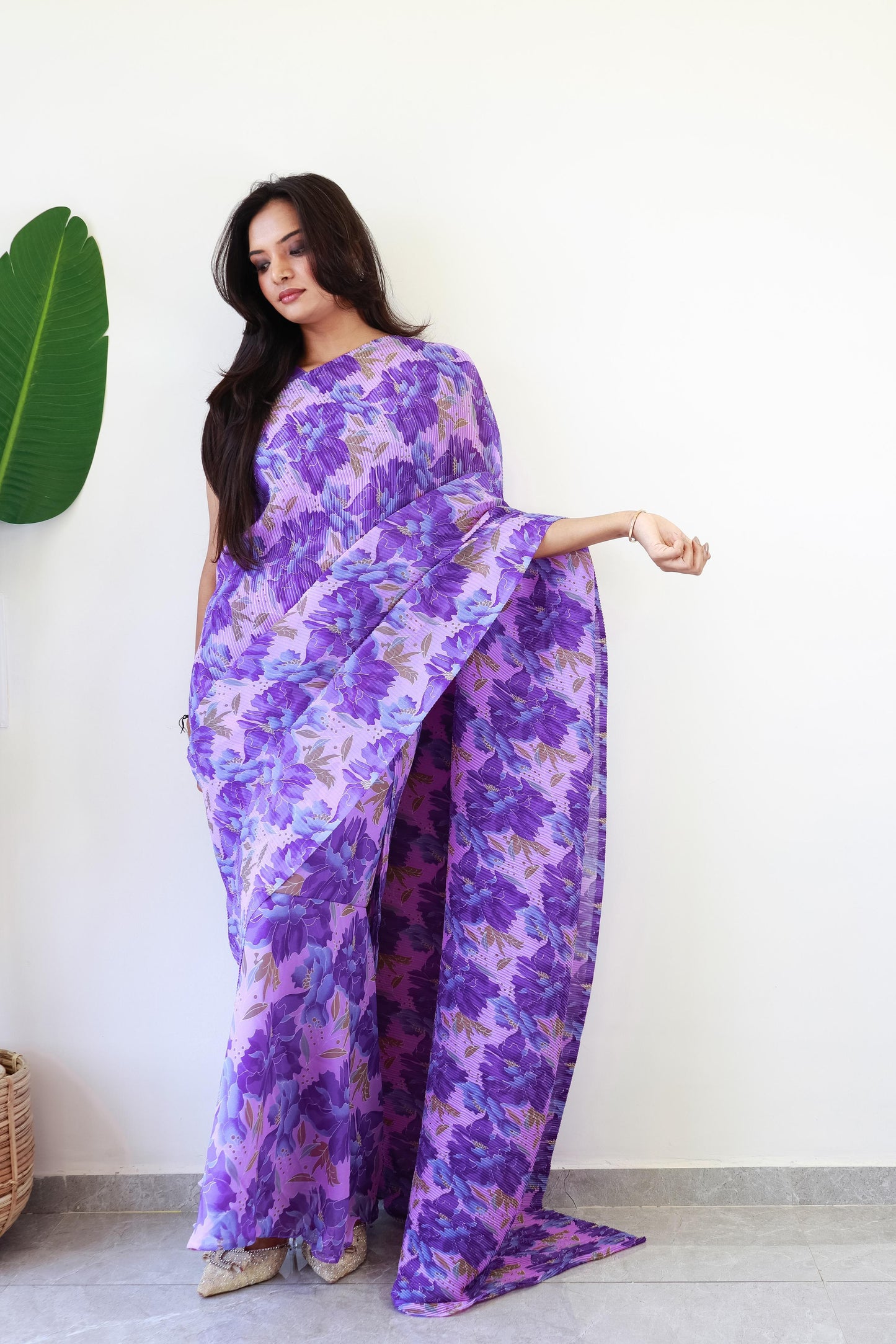 1   Min  Pre Draped Saree Gown Crush With Purple Flower Colour