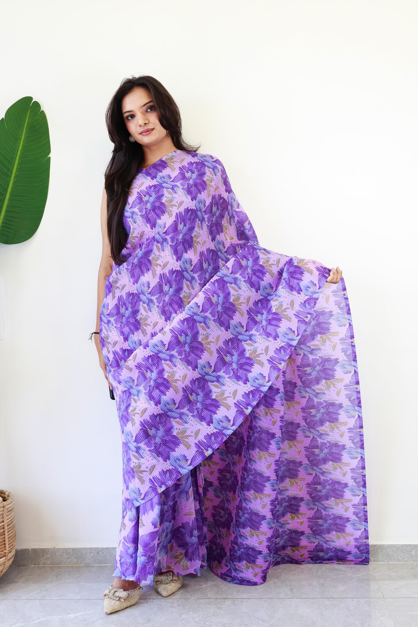 1   Min  Pre Draped Saree Gown Crush With Purple Flower Colour