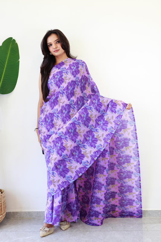 1   Min  Pre Draped Saree Gown Crush With Purple Flower Colour