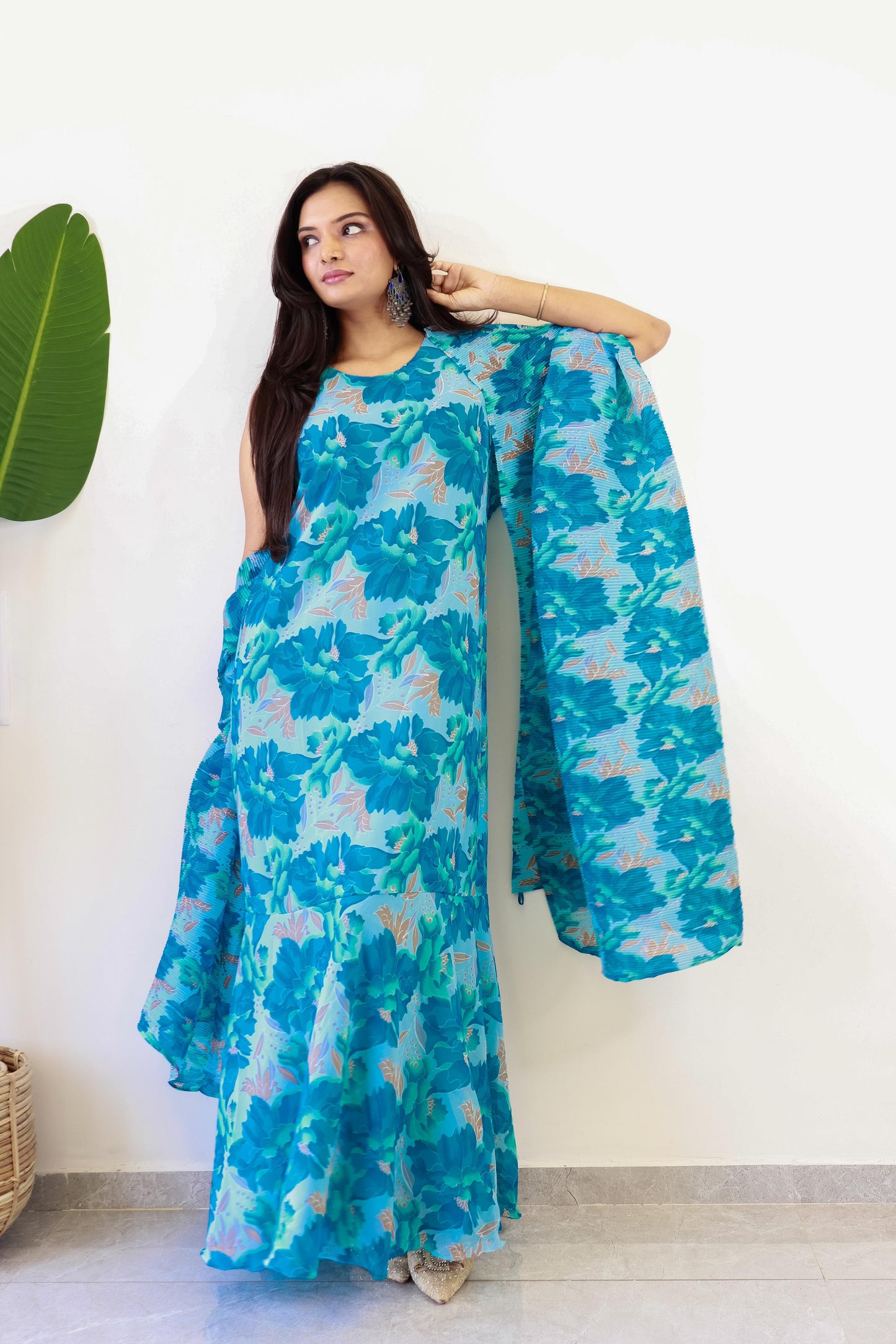 1   Min  Pre Draped Saree Gown Crush With Flower Blue Colour