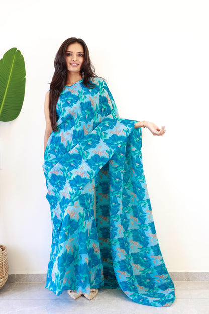 1   Min  Pre Draped Saree Gown Crush With Flower Blue Colour