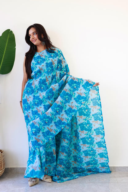 1   Min  Pre Draped Saree Gown Crush With Flower Blue Colour