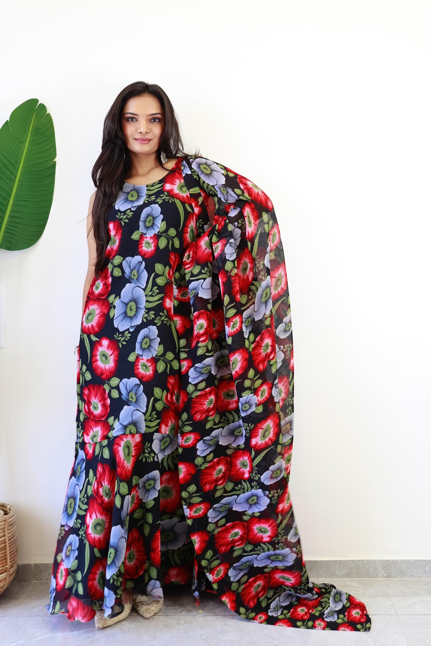 1   Min  Pre Draped Saree Gown Crush With Black and Red Flower Colour