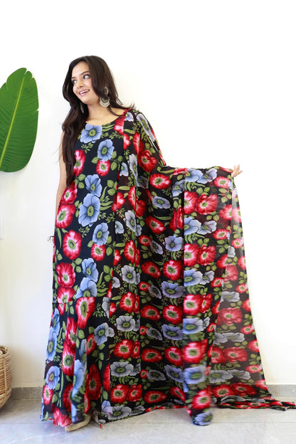 1   Min  Pre Draped Saree Gown Crush With Black and Red Flower Colour