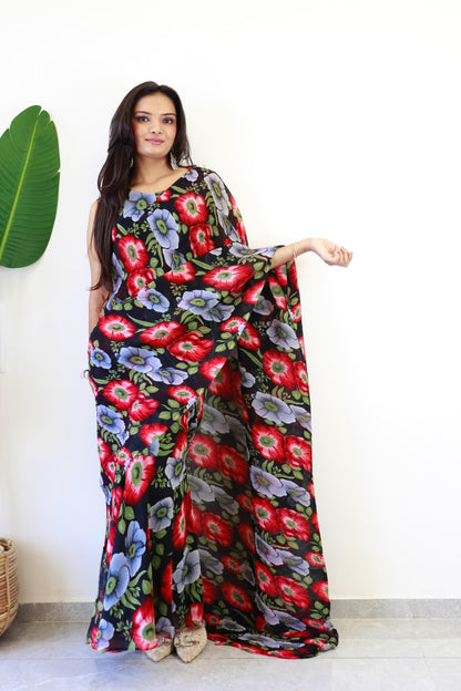 1   Min  Pre Draped Saree Gown Crush With Black and Red Flower Colour