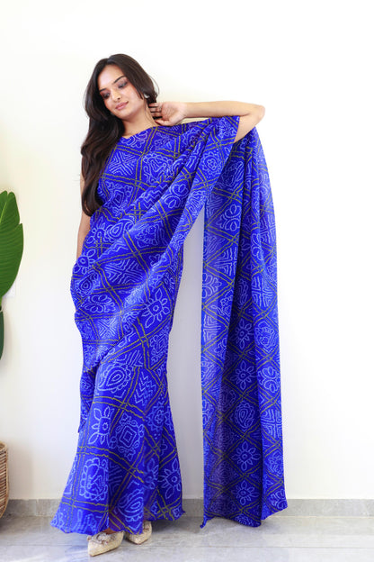 1   Min  Pre Draped Saree Gown Crush With Blue Colour