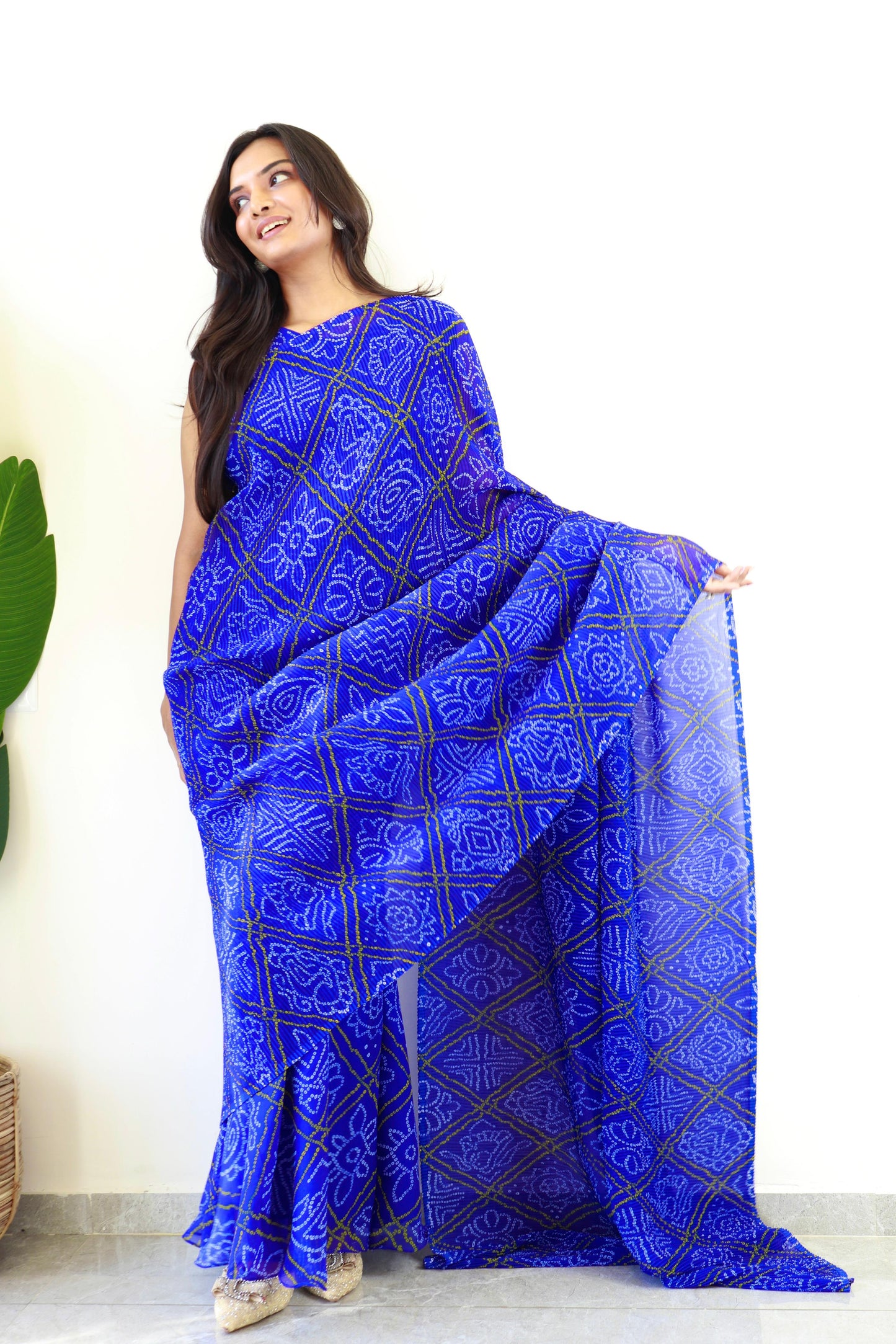 1   Min  Pre Draped Saree Gown Crush With Blue Colour