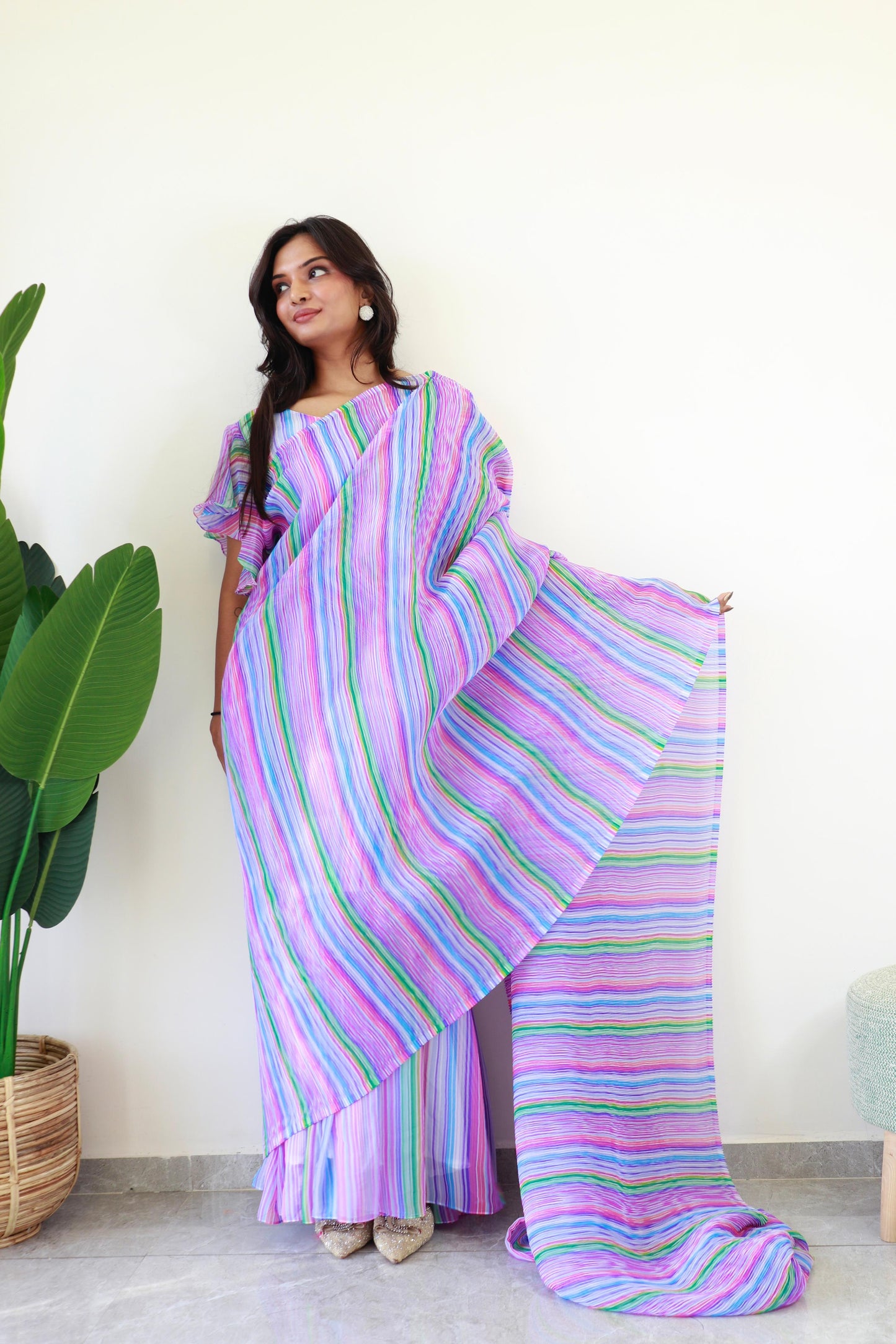 1   Min  Pre Draped Saree Gown Crush With Multi Colour