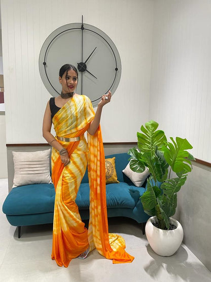 1 Min Ready To Wear A Dark Orange Chinon Silk Saree With Blouse Piece