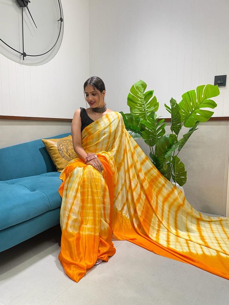 1 Min Ready To Wear A Dark Orange Chinon Silk Saree With Blouse Piece