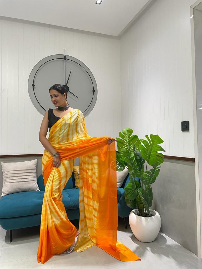 1 Min Ready To Wear A Dark Orange Chinon Silk Saree With Blouse Piece