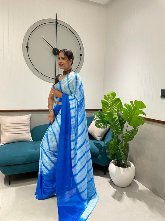 1 Min Ready To Wear A Blue Chinon Silk Saree With Blouse Piece