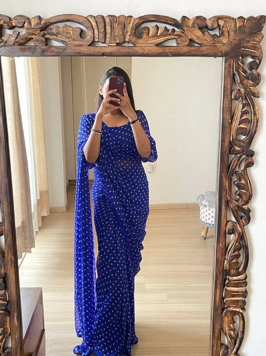 1 Min Ready To Wear A Blue Digital Print Saree With Blouse Piece